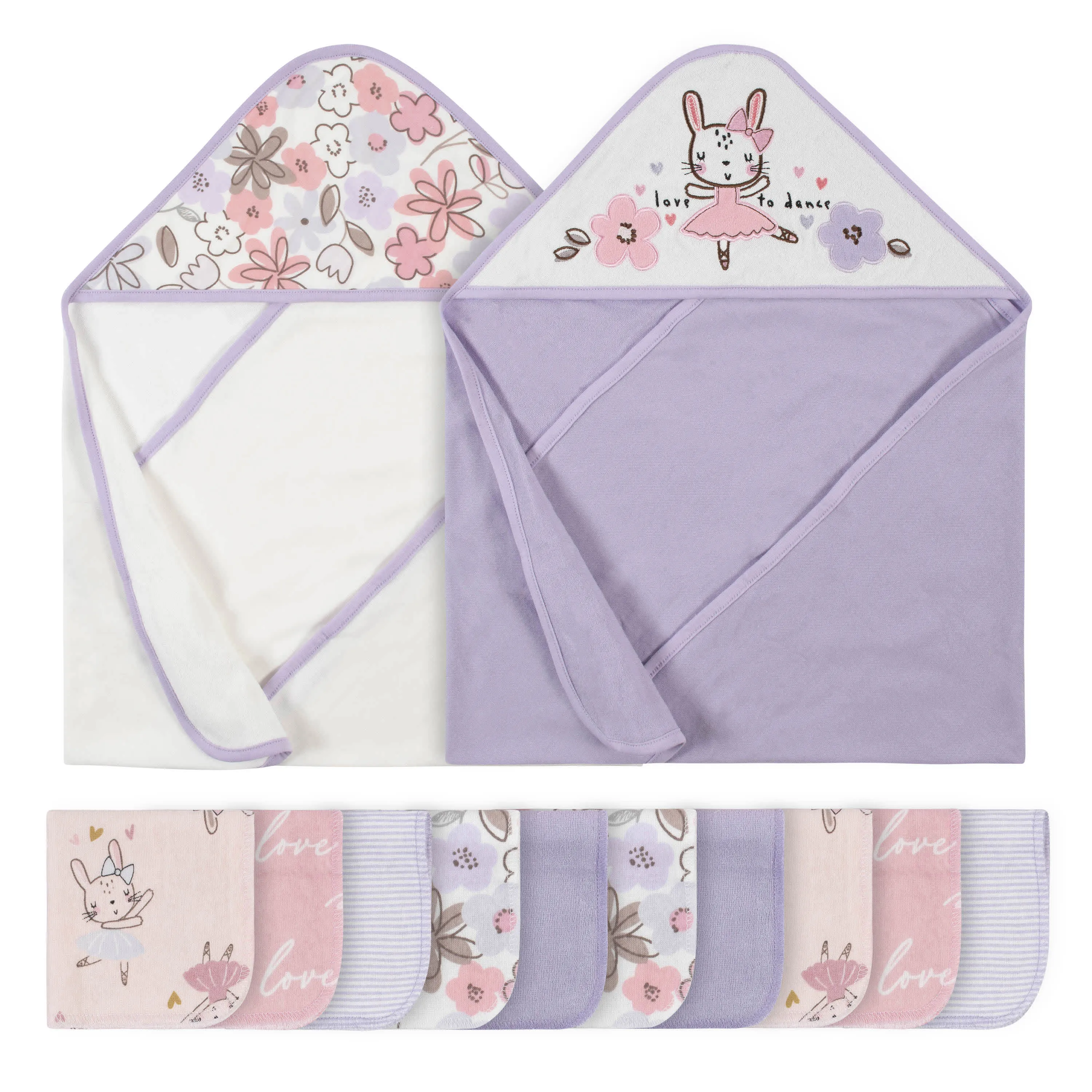 12-Piece Girls Bunny Ballerina Hooded Towel & Washcloth Set