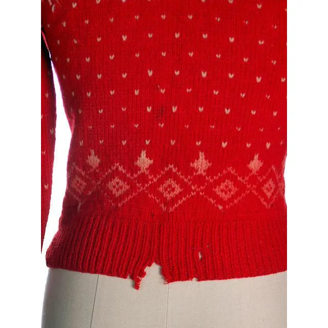 1930s 40s Cardigan Sweater Hand Knit Red Patterned Wool 1940s Shabby S-M