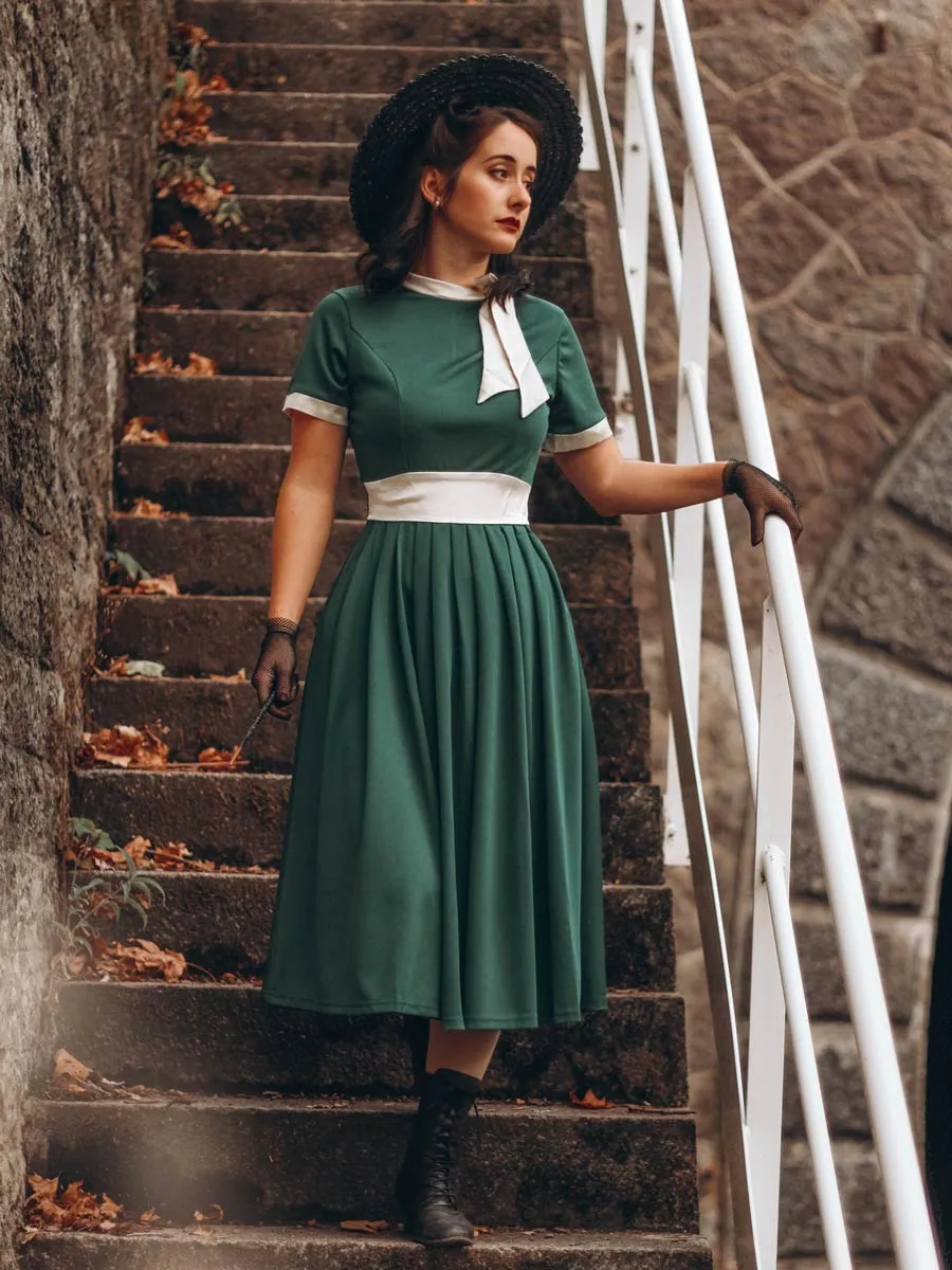 1950s Stand Collar Bow Swing Dress