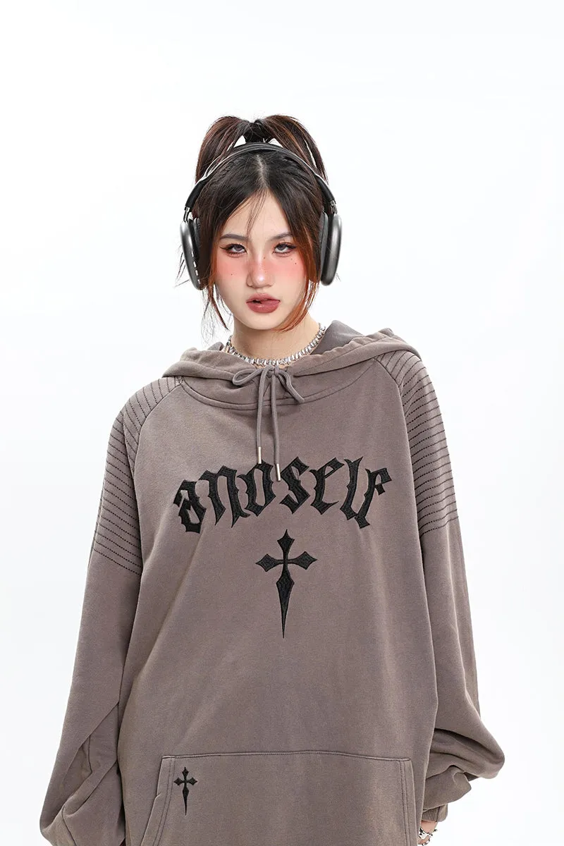 ANOSELF Embroidery Solid Color Long Sleeve Hoodie