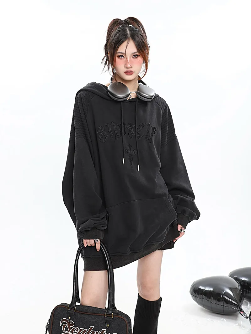 ANOSELF Embroidery Solid Color Long Sleeve Hoodie