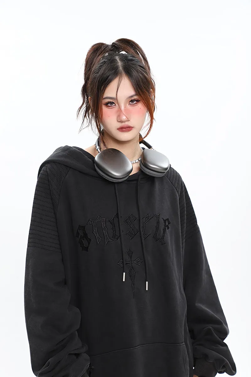 ANOSELF Embroidery Solid Color Long Sleeve Hoodie