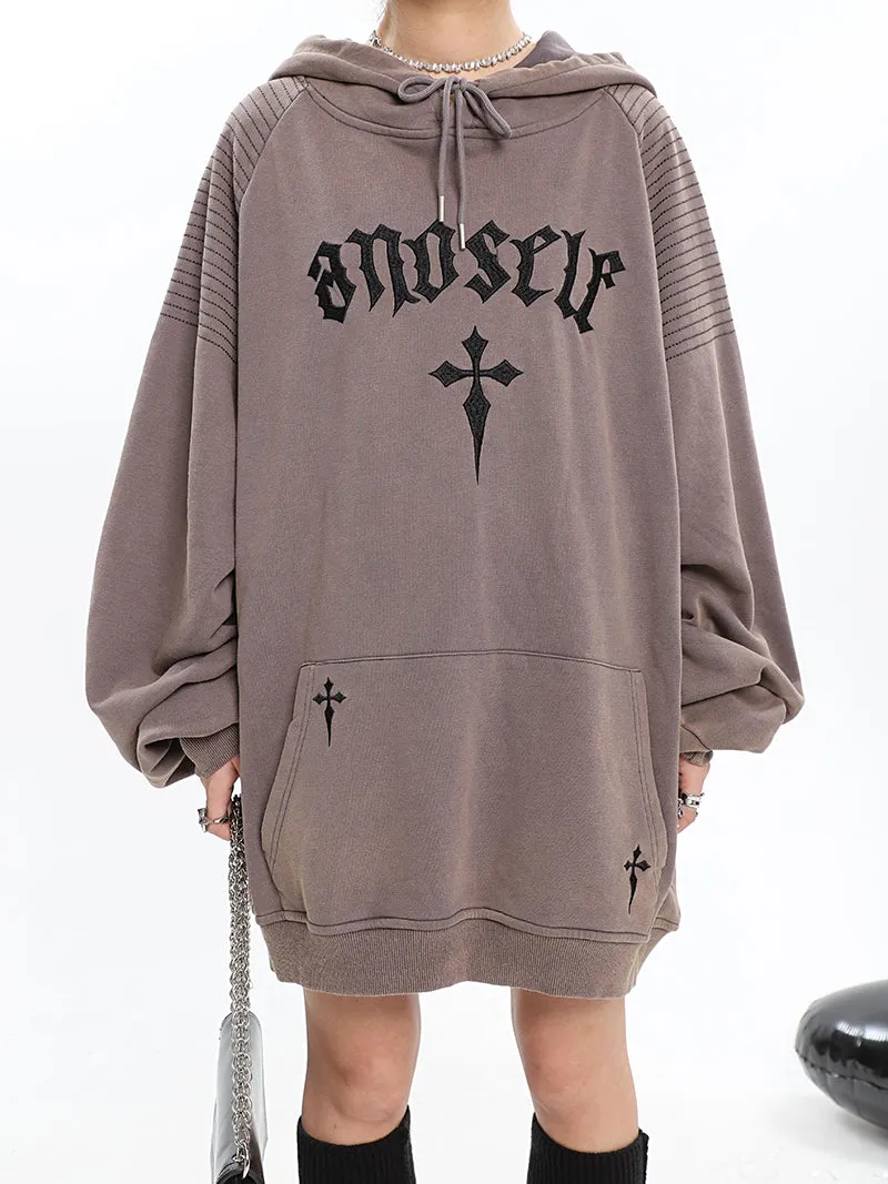 ANOSELF Embroidery Solid Color Long Sleeve Hoodie