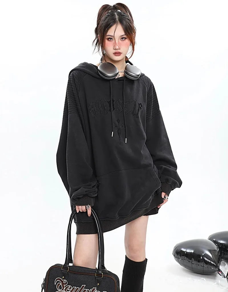 ANOSELF Embroidery Solid Color Long Sleeve Hoodie