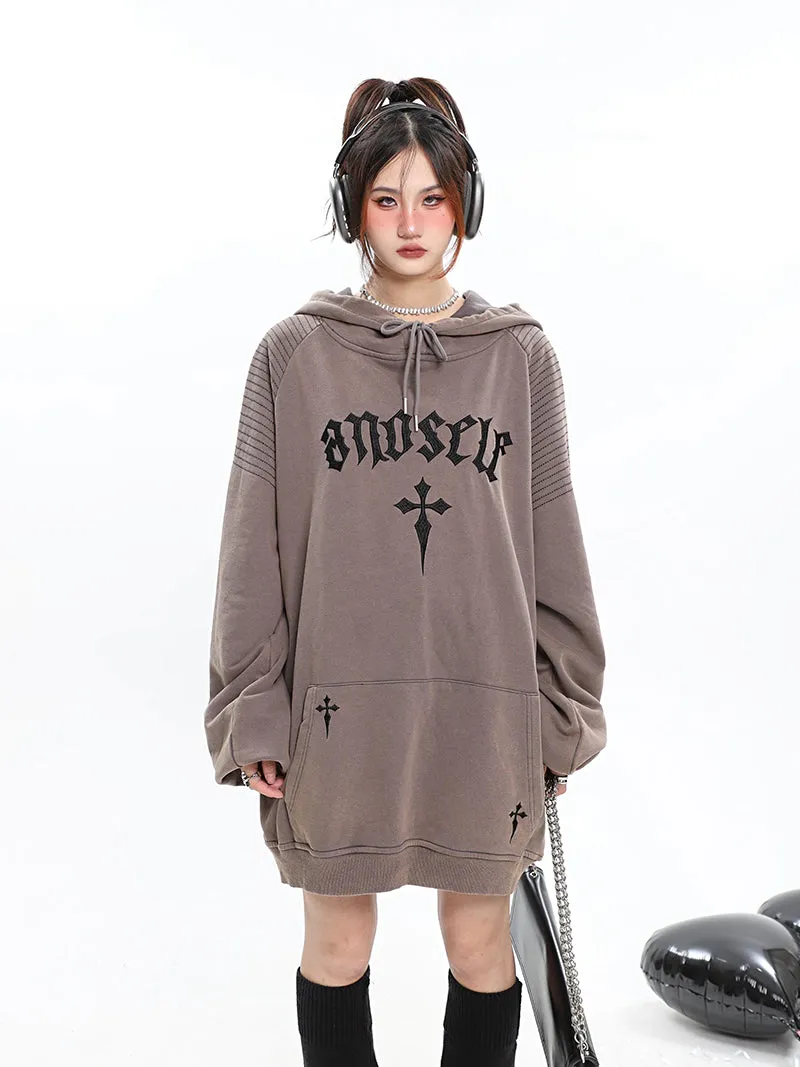 ANOSELF Embroidery Solid Color Long Sleeve Hoodie