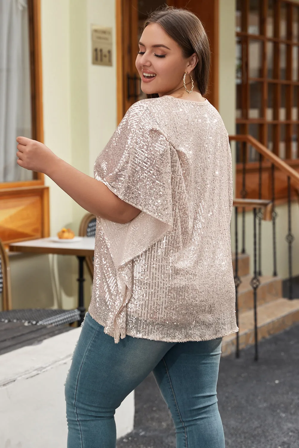 Apricot Plus Size Sequined V Neck Boxy Top