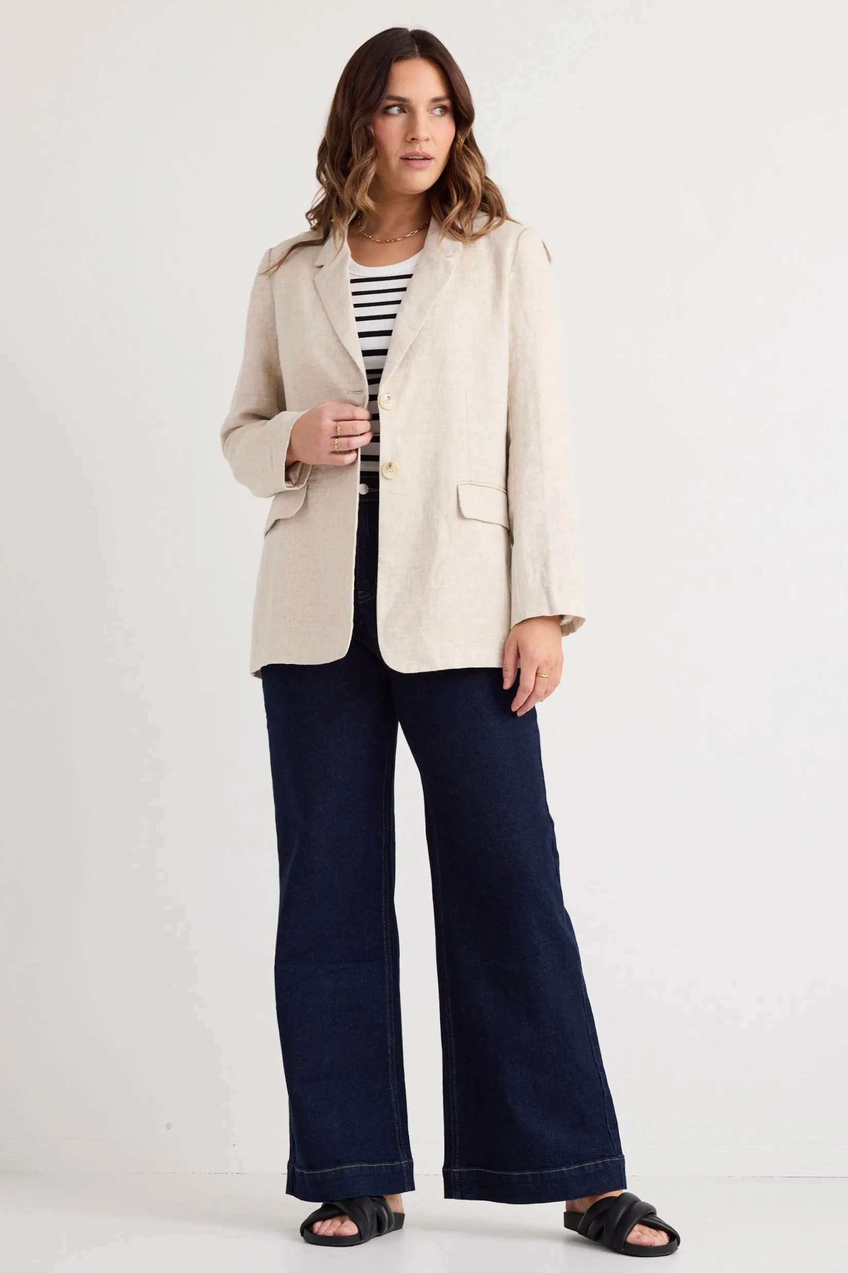 Aster Natural Linen Single Breasted Longline Blazer