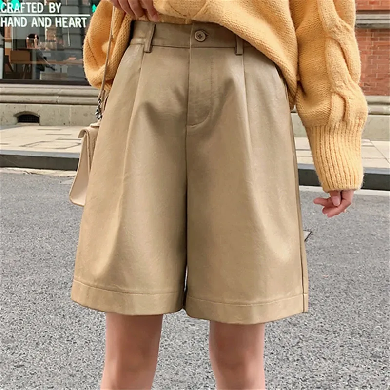 Autumn Winter New High Waist Wide Leg Loose Casual PU Leather Short