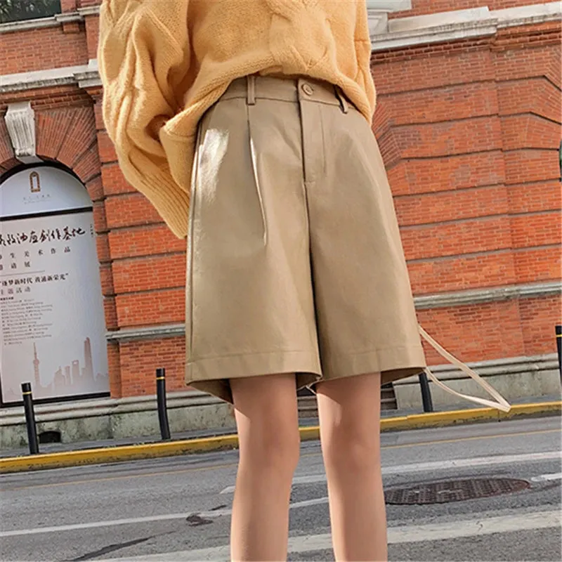 Autumn Winter New High Waist Wide Leg Loose Casual PU Leather Short