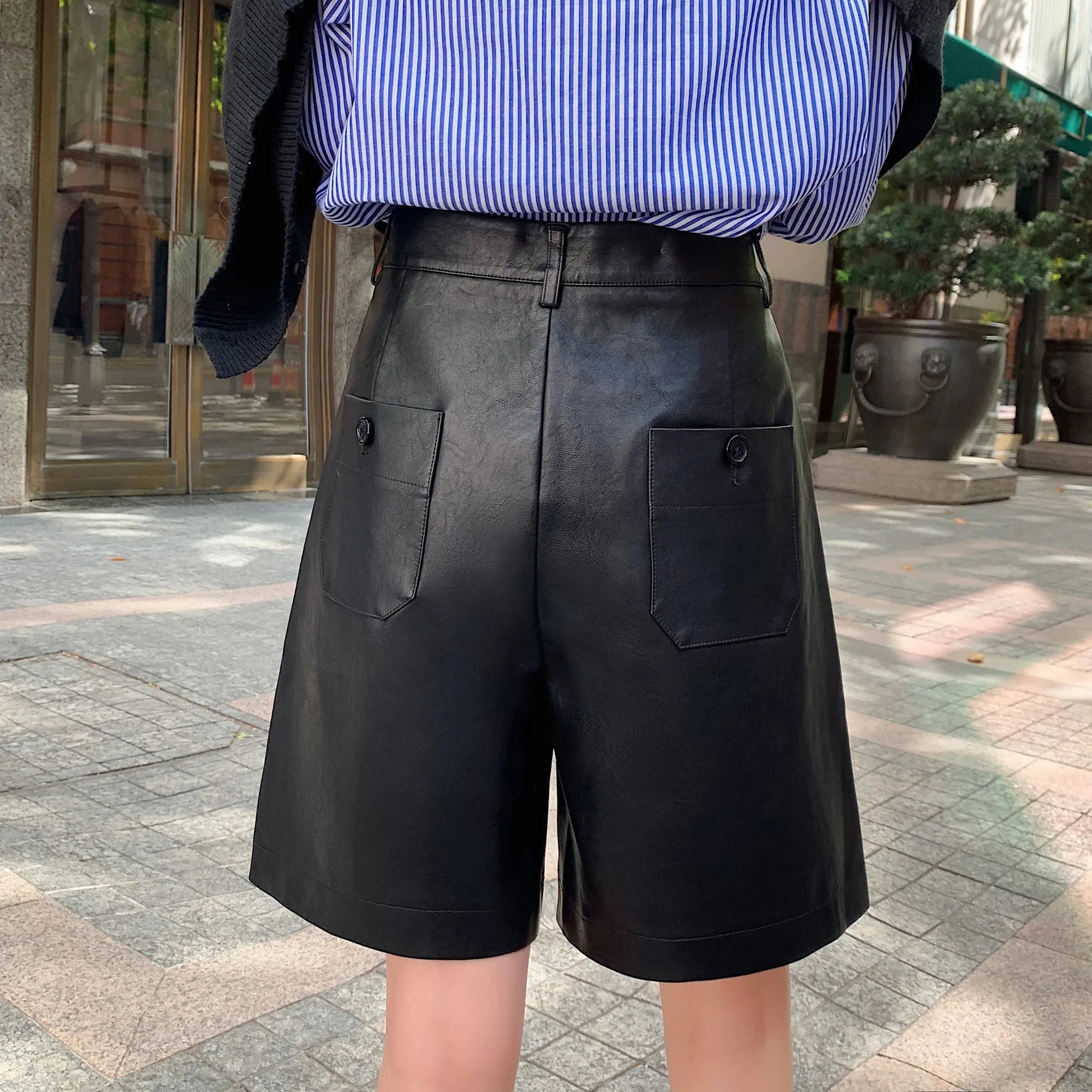 Autumn Winter New High Waist Wide Leg Loose Casual PU Leather Short