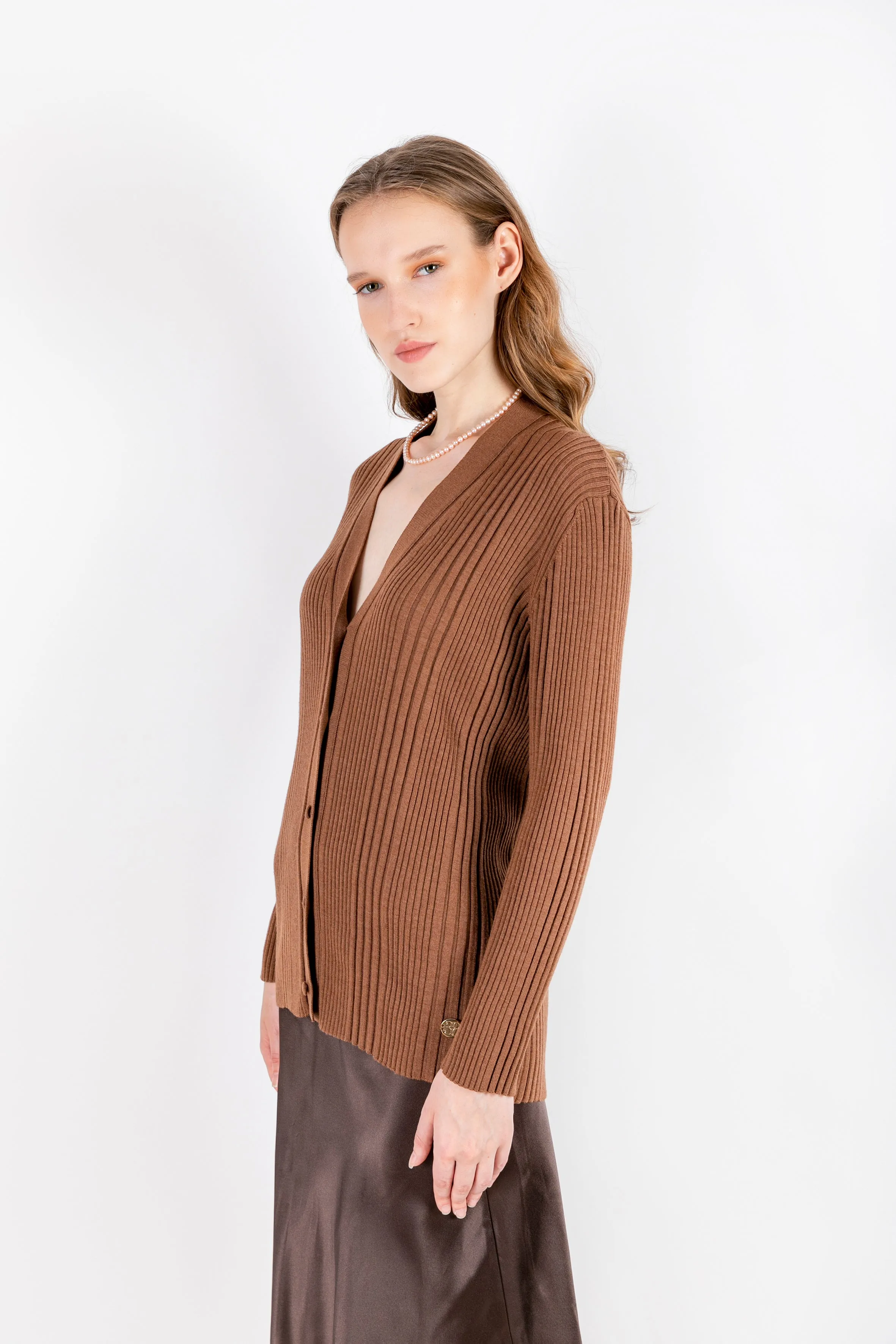 Azade - 100% Wool Brown Cardigan with Camisole Detail