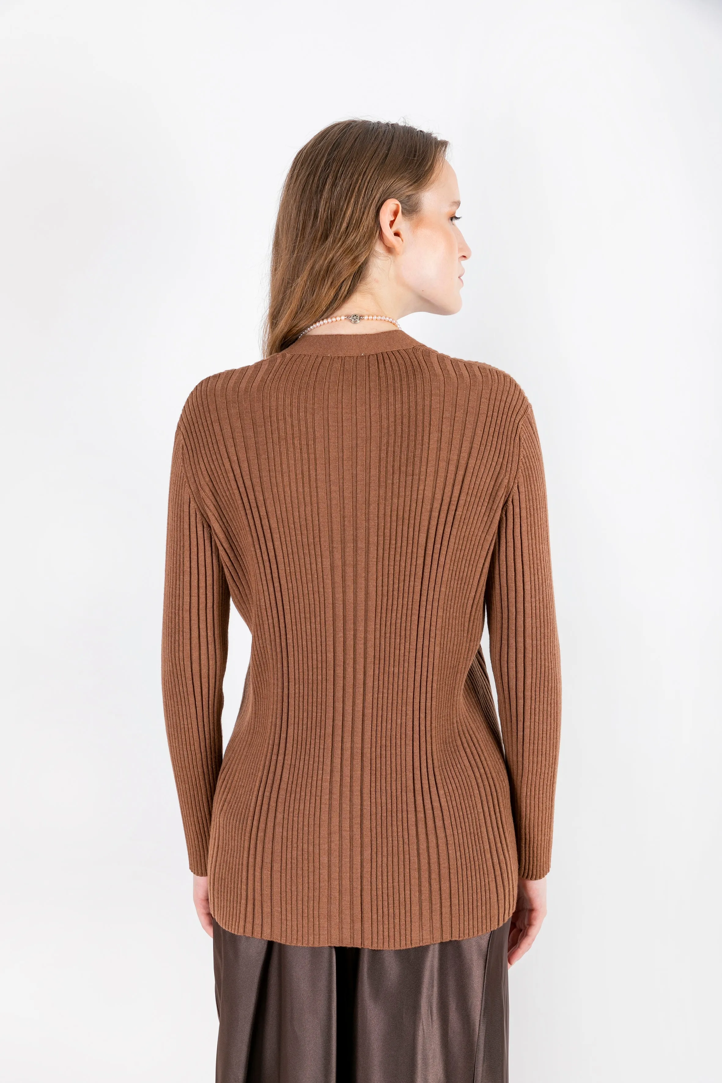 Azade - 100% Wool Brown Cardigan with Camisole Detail