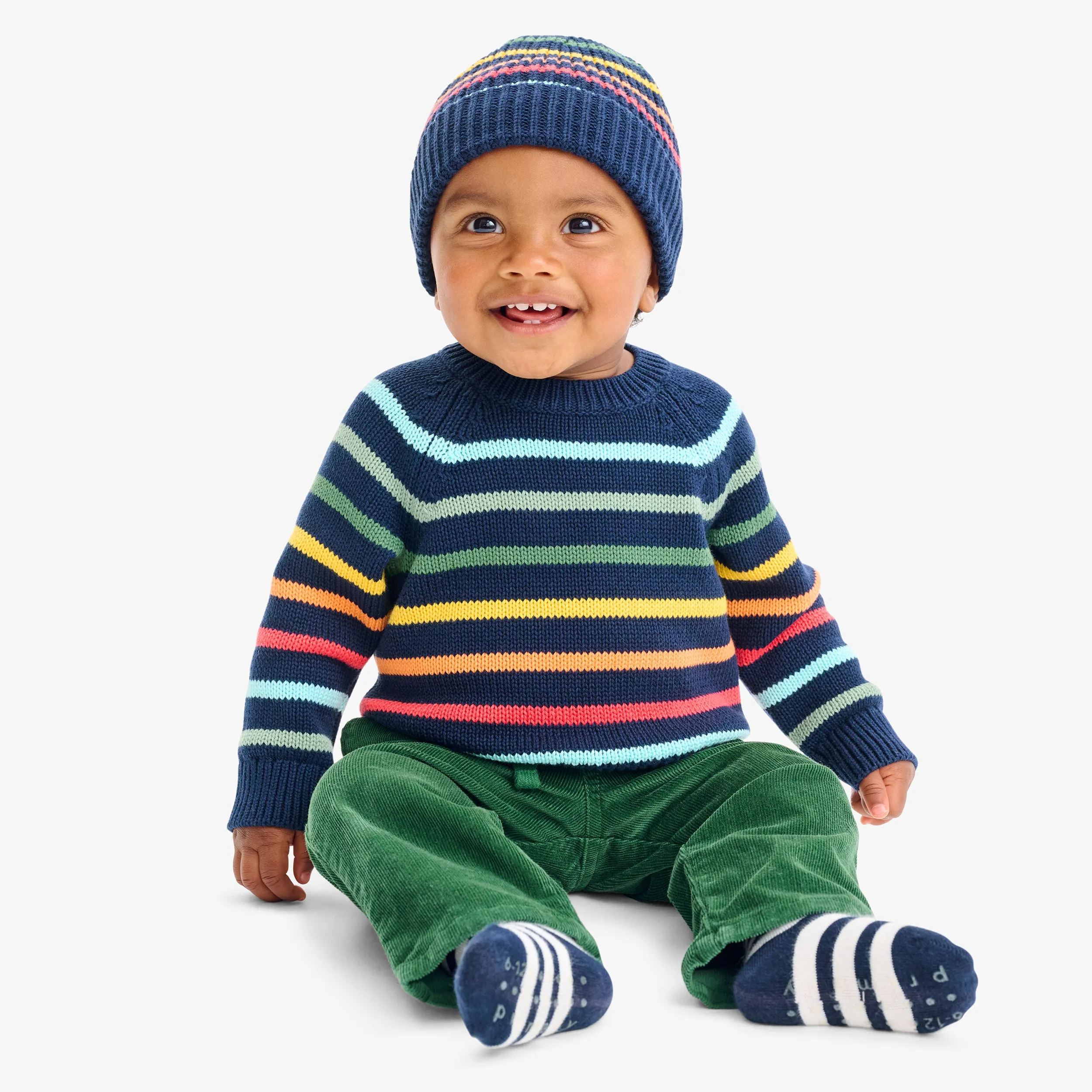 Baby crewneck sweater in rainbow stripe