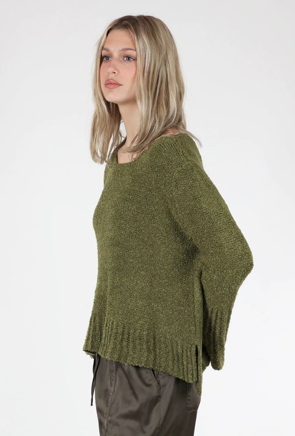 Bell-Sleeve Slouchy Sweater, Khaki Green