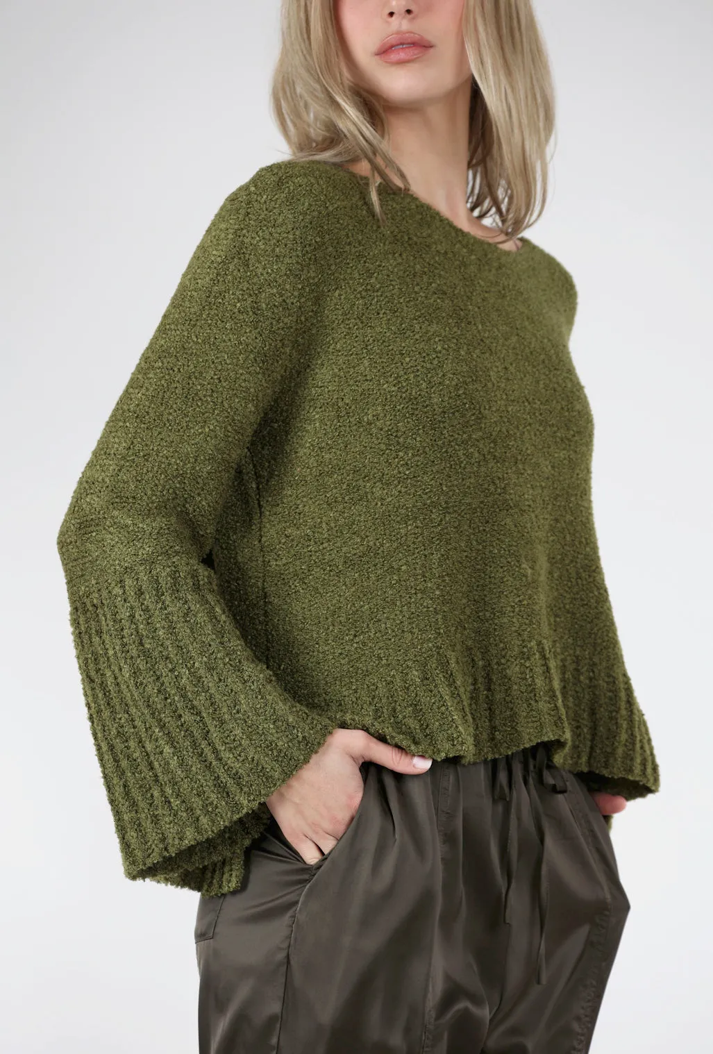 Bell-Sleeve Slouchy Sweater, Khaki Green