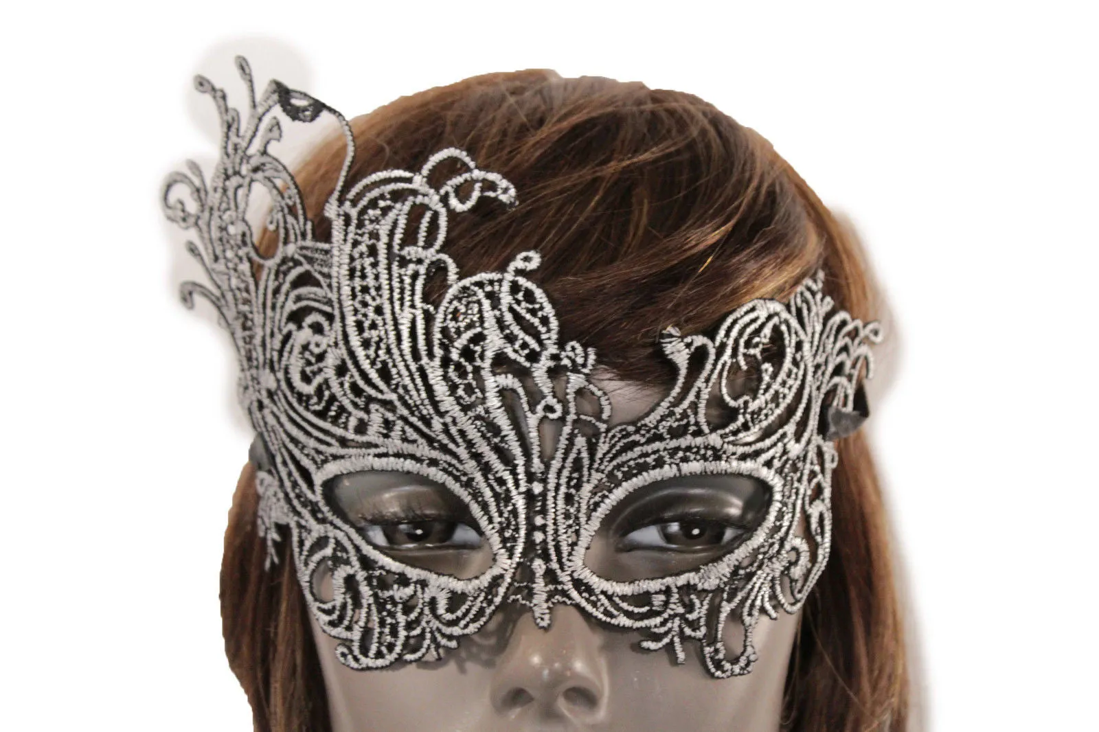 Black Fabric Half Face Eye Costume Flowers Filigree Mask Halloween Women Men