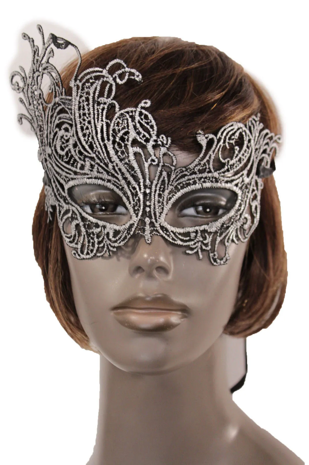 Black Fabric Half Face Eye Costume Flowers Filigree Mask Halloween Women Men