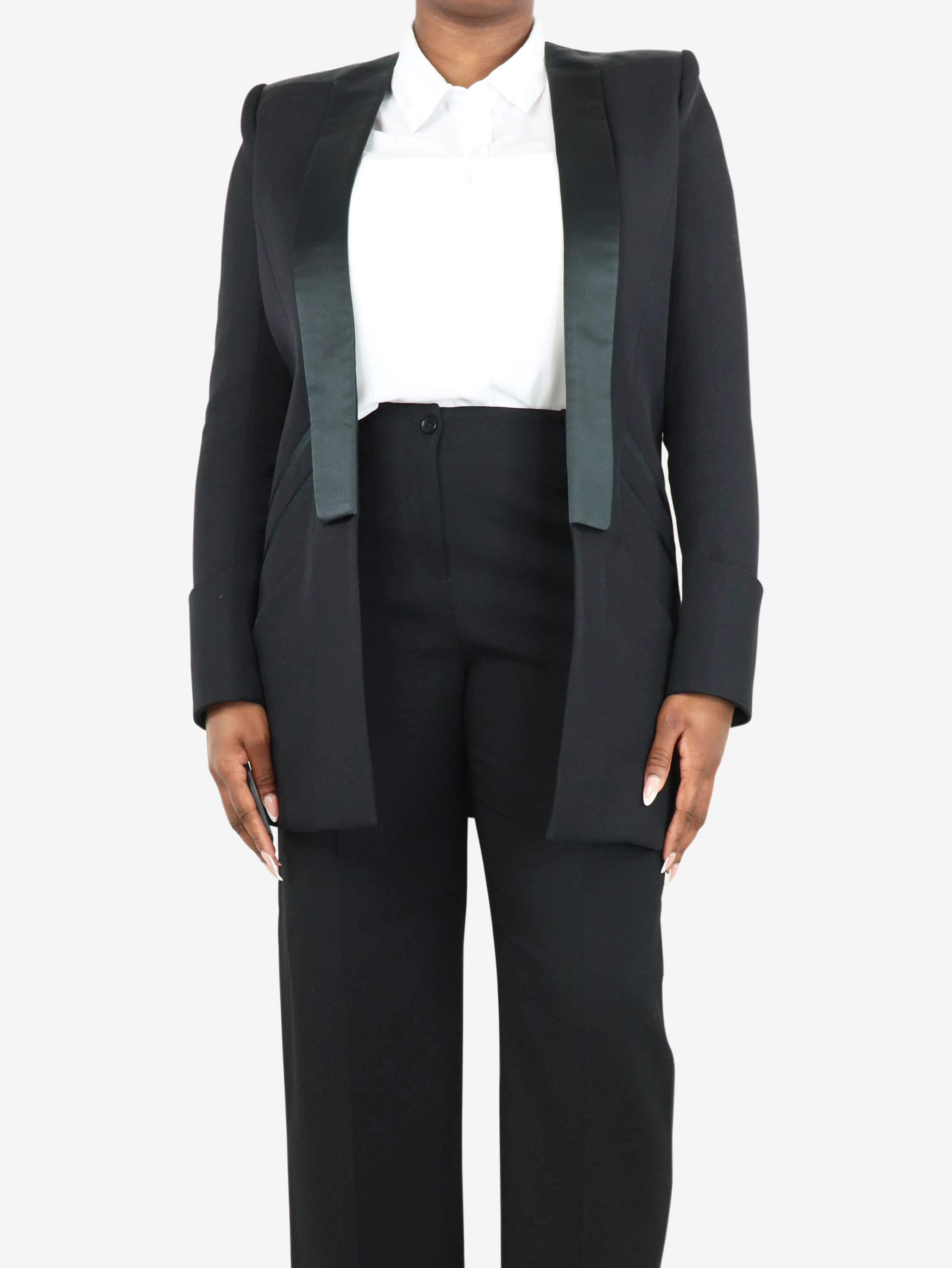 Black padded-shoulders long wool blazer - size UK 18