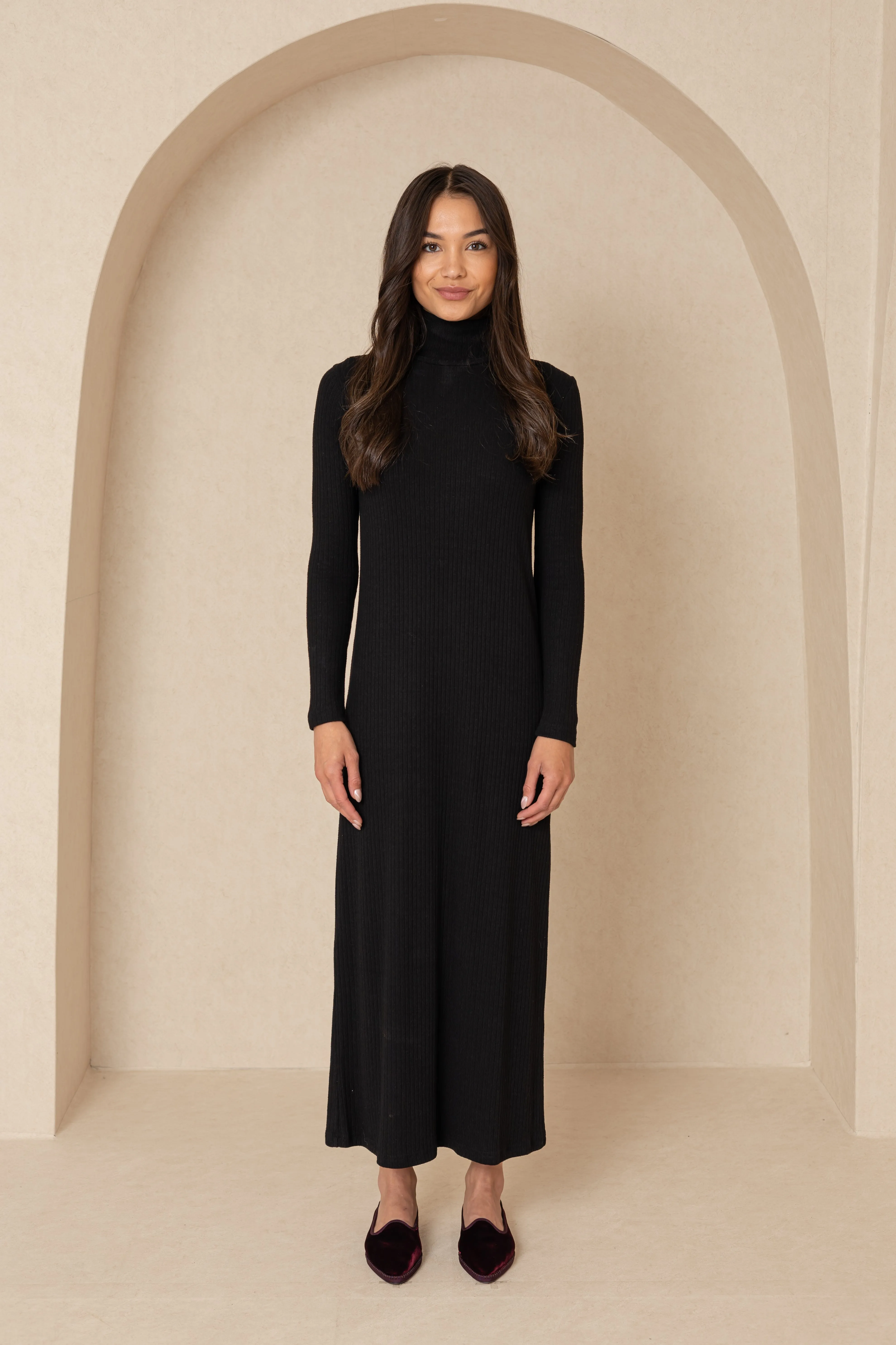 Black Ribbed Knit Turtleneck Maxi Dress