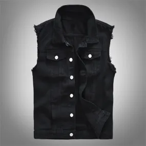 Black Single Breasted Casual Denim Vest