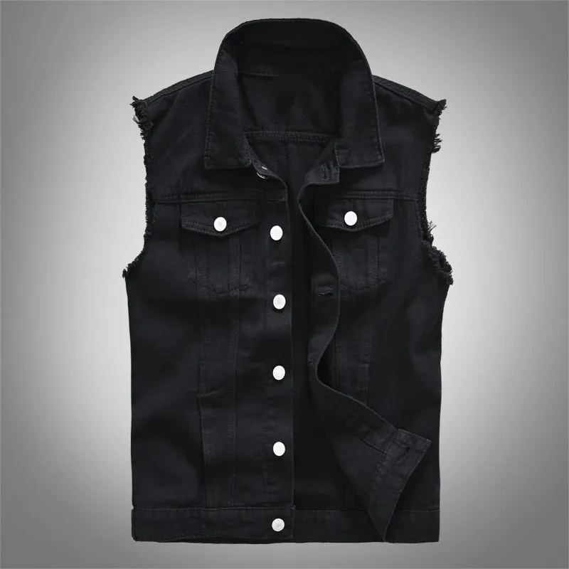 Black Single Breasted Casual Denim Vest