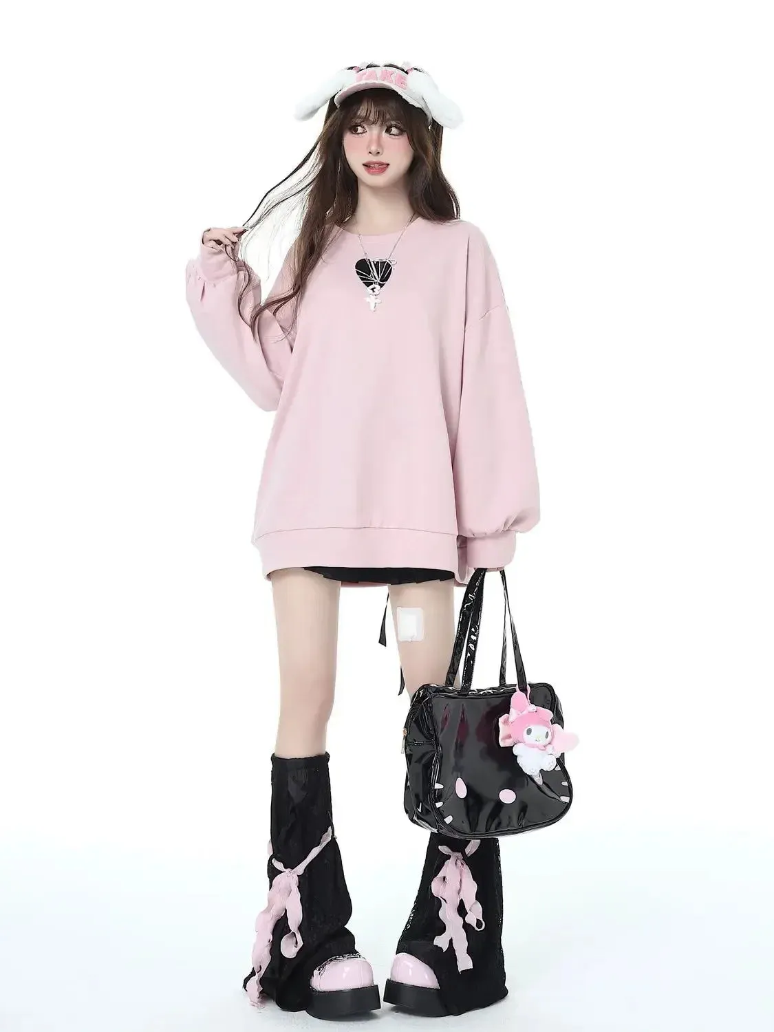 Black/Pink Love Heart Print Lace Up Sweater