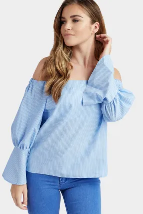 Blue Stripe Bardot Bow Top