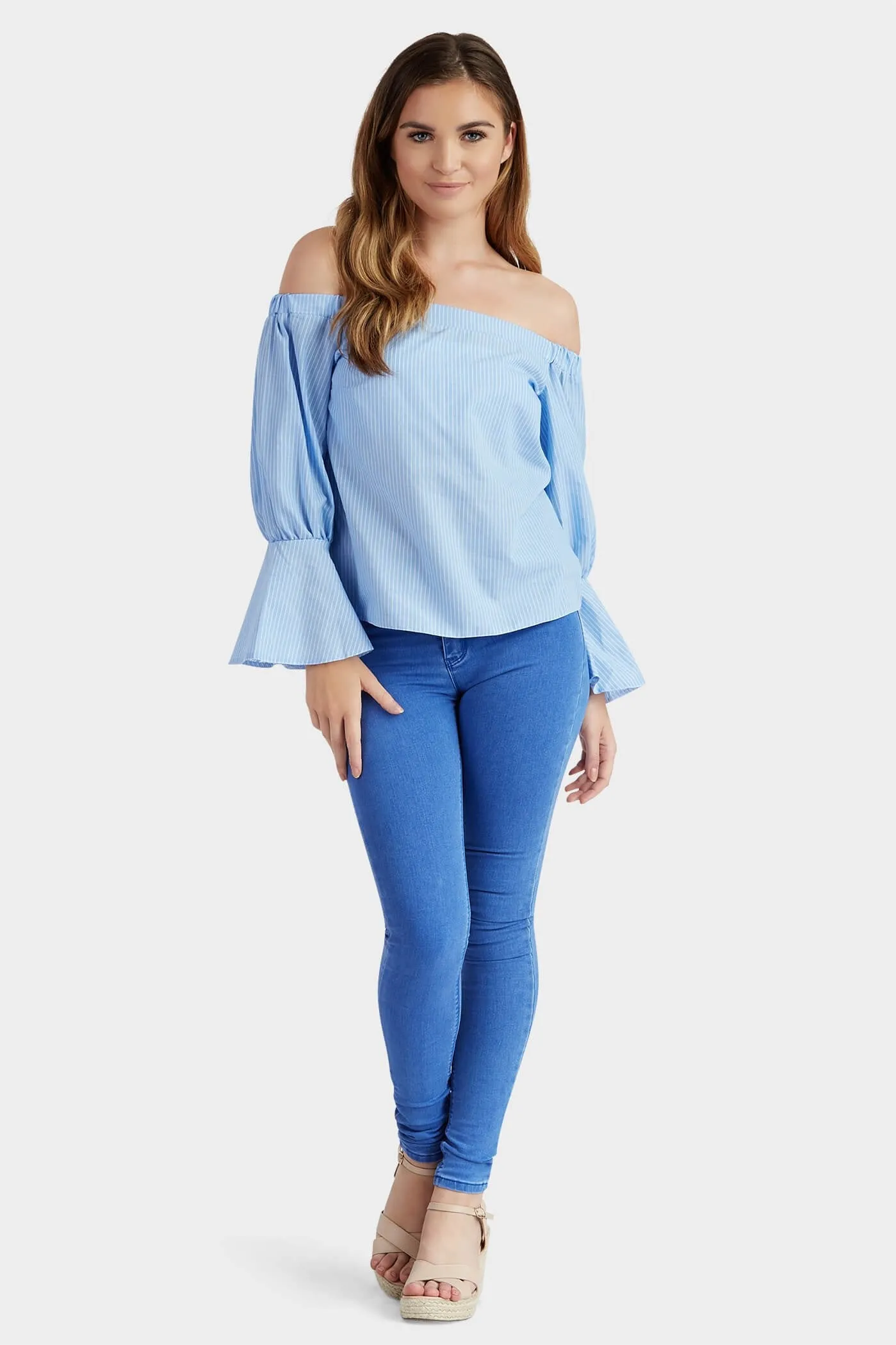 Blue Stripe Bardot Bow Top