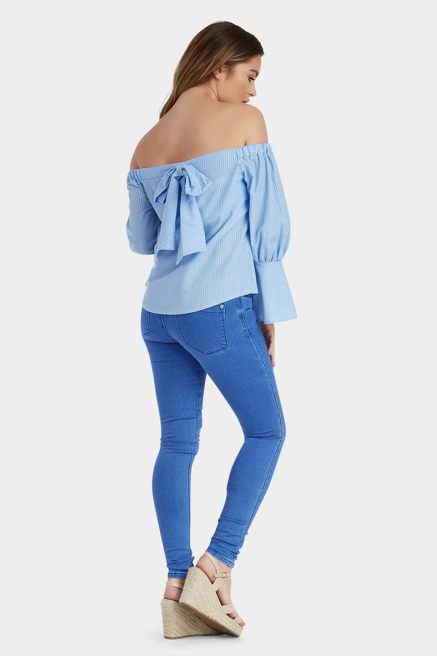 Blue Stripe Bardot Bow Top