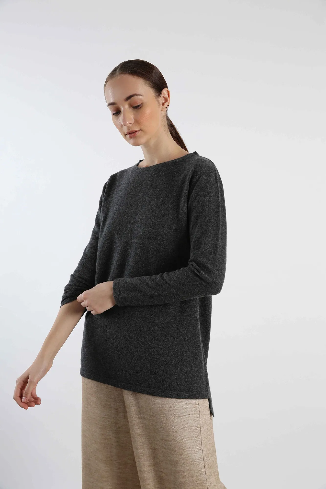 Boat Neck Pure Cashmere Sweater - Grey