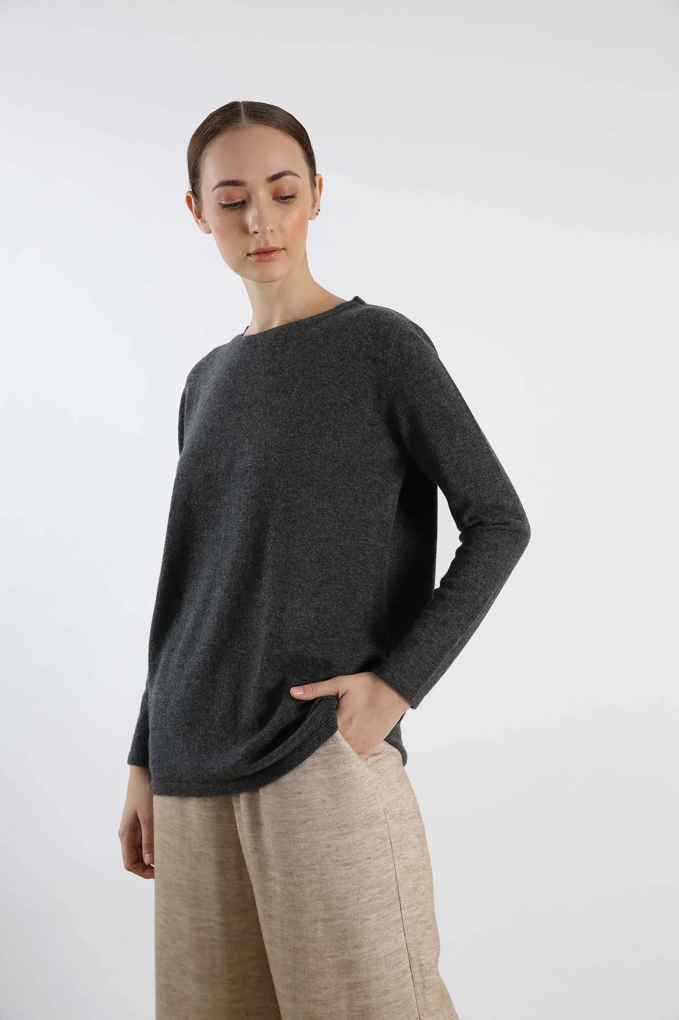 Boat Neck Pure Cashmere Sweater - Grey