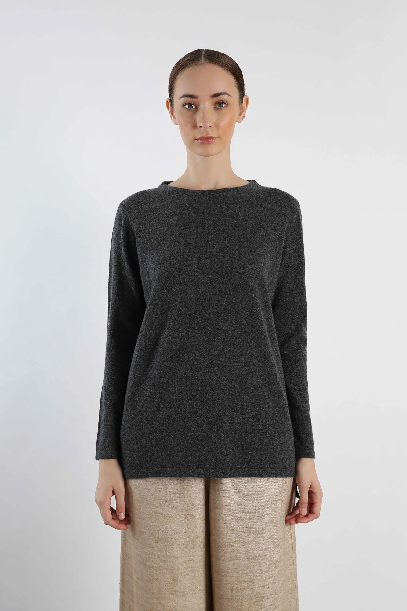 Boat Neck Pure Cashmere Sweater - Grey