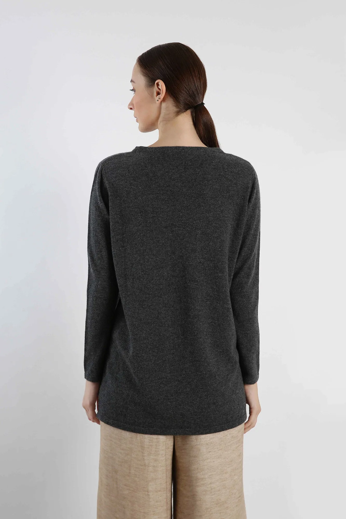 Boat Neck Pure Cashmere Sweater - Grey