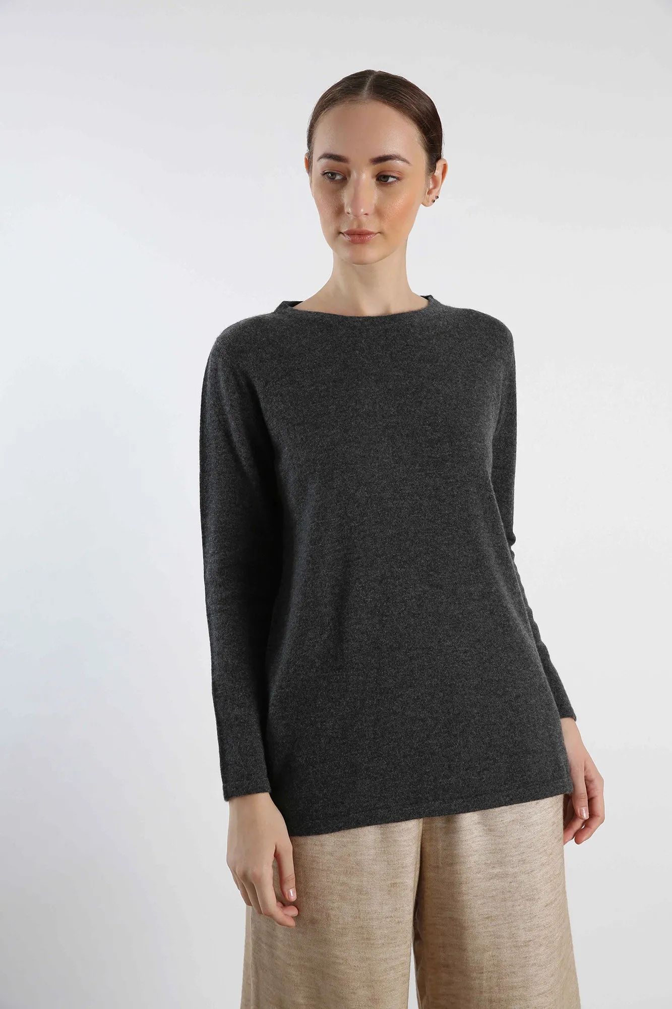 Boat Neck Pure Cashmere Sweater - Grey