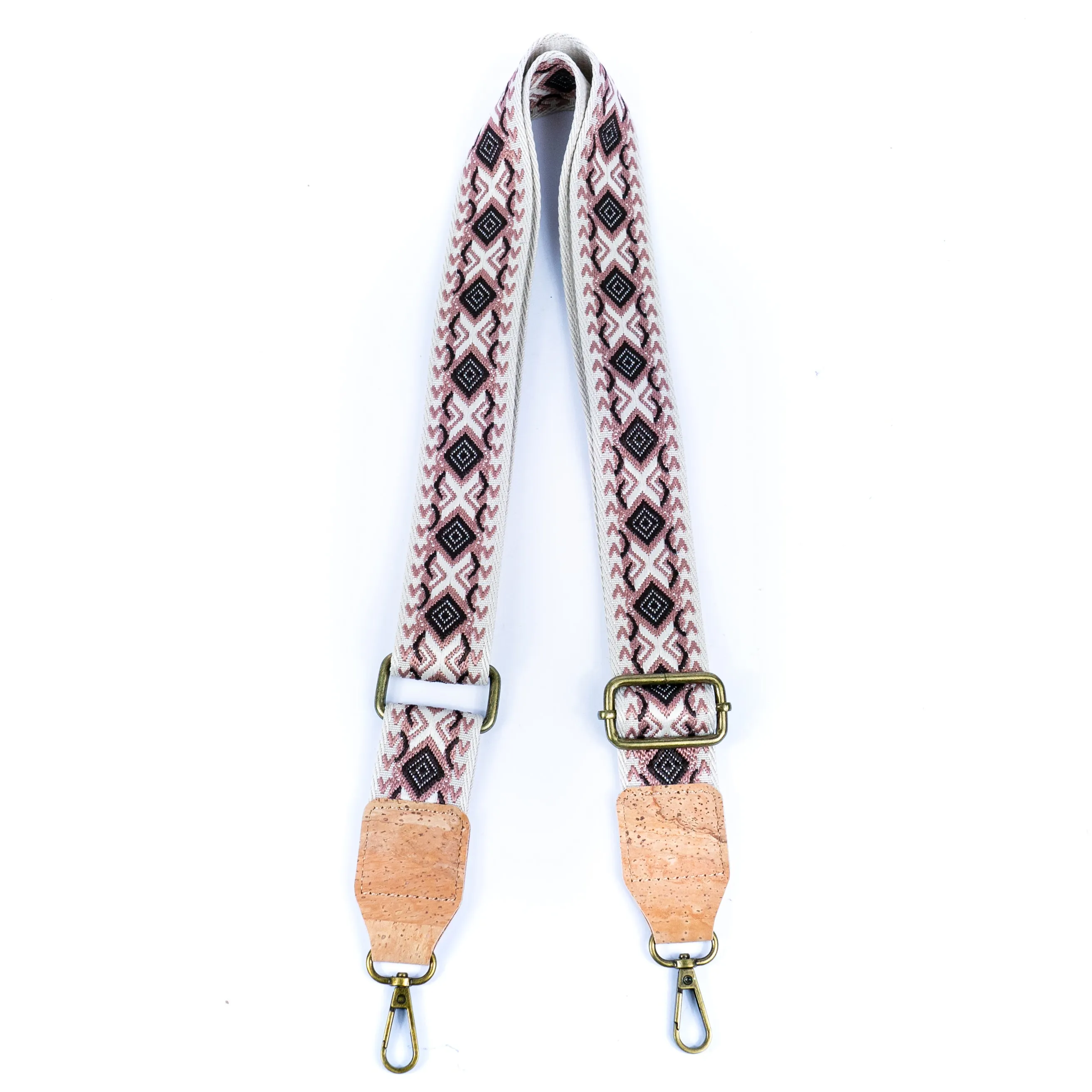 Bohemian Cork-Enhanced Striped Webbing Strap with Antique Bronze Hardware L-1067