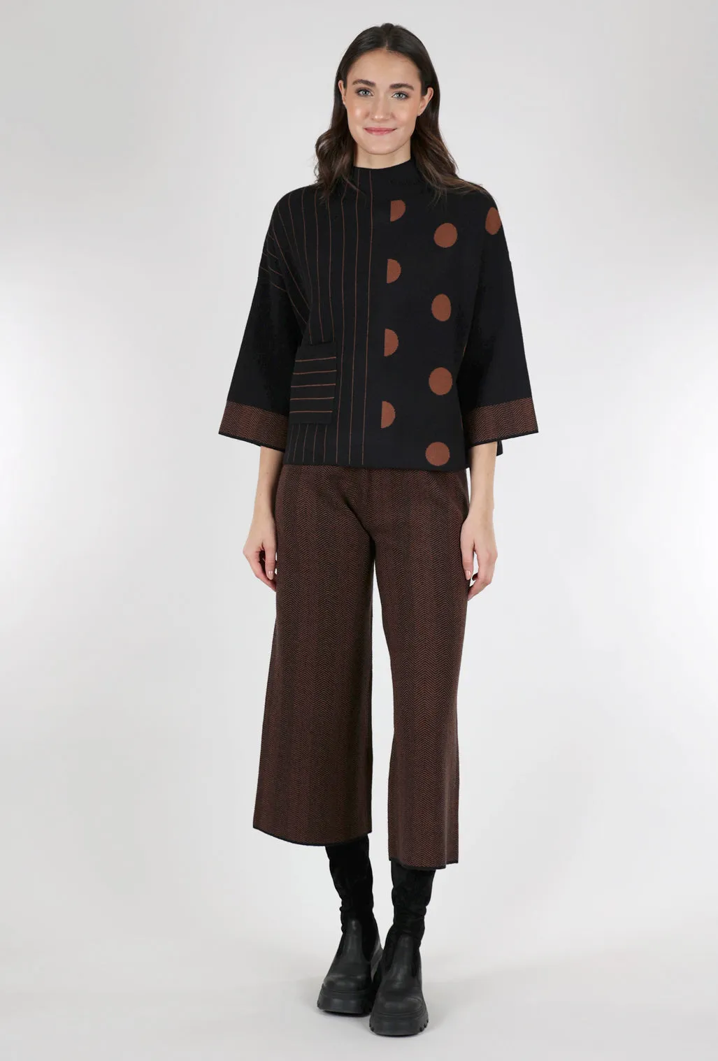 Boxy Stripes Dots Sweater, Chocolate