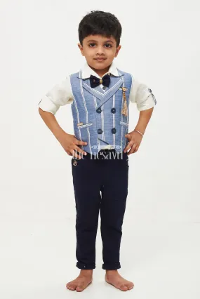 Boys Striped Waistcoat Shirt Bowtie Pants Set - Blue/Cream