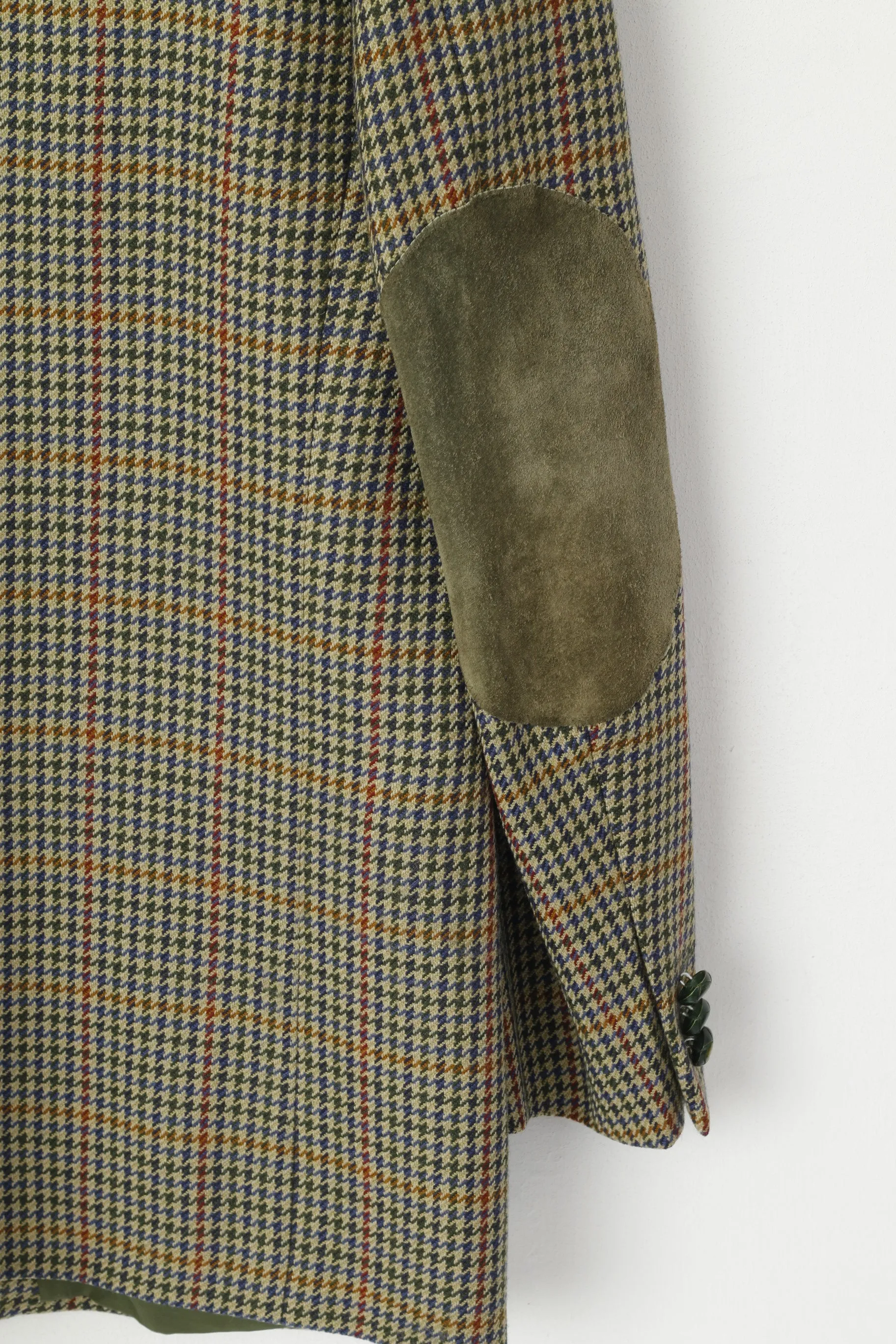 Brian Tucker Men 44 Blazer Green Vintage Wool Houndstooth Patches Single Breasted Jacket