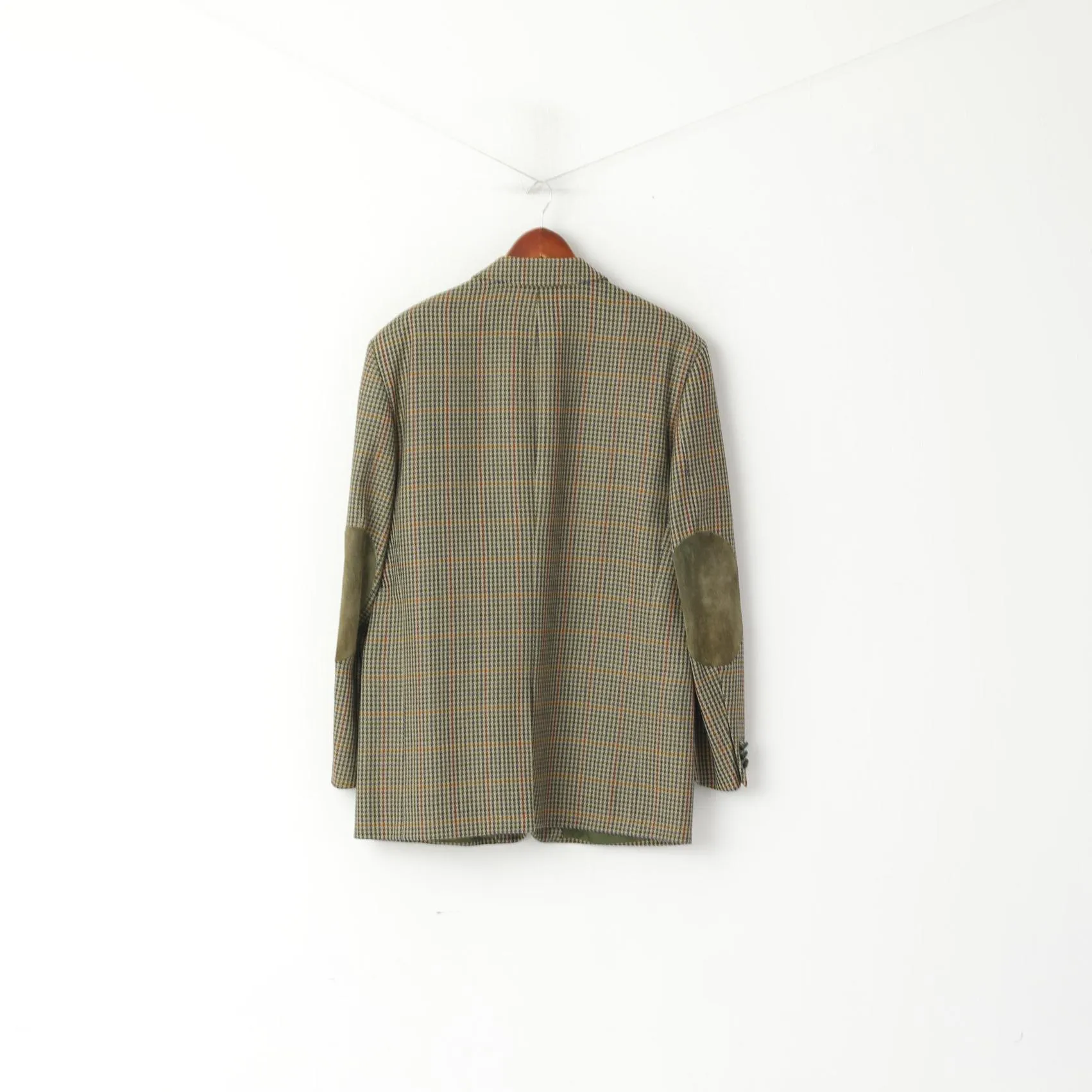 Brian Tucker Men 44 Blazer Green Vintage Wool Houndstooth Patches Single Breasted Jacket