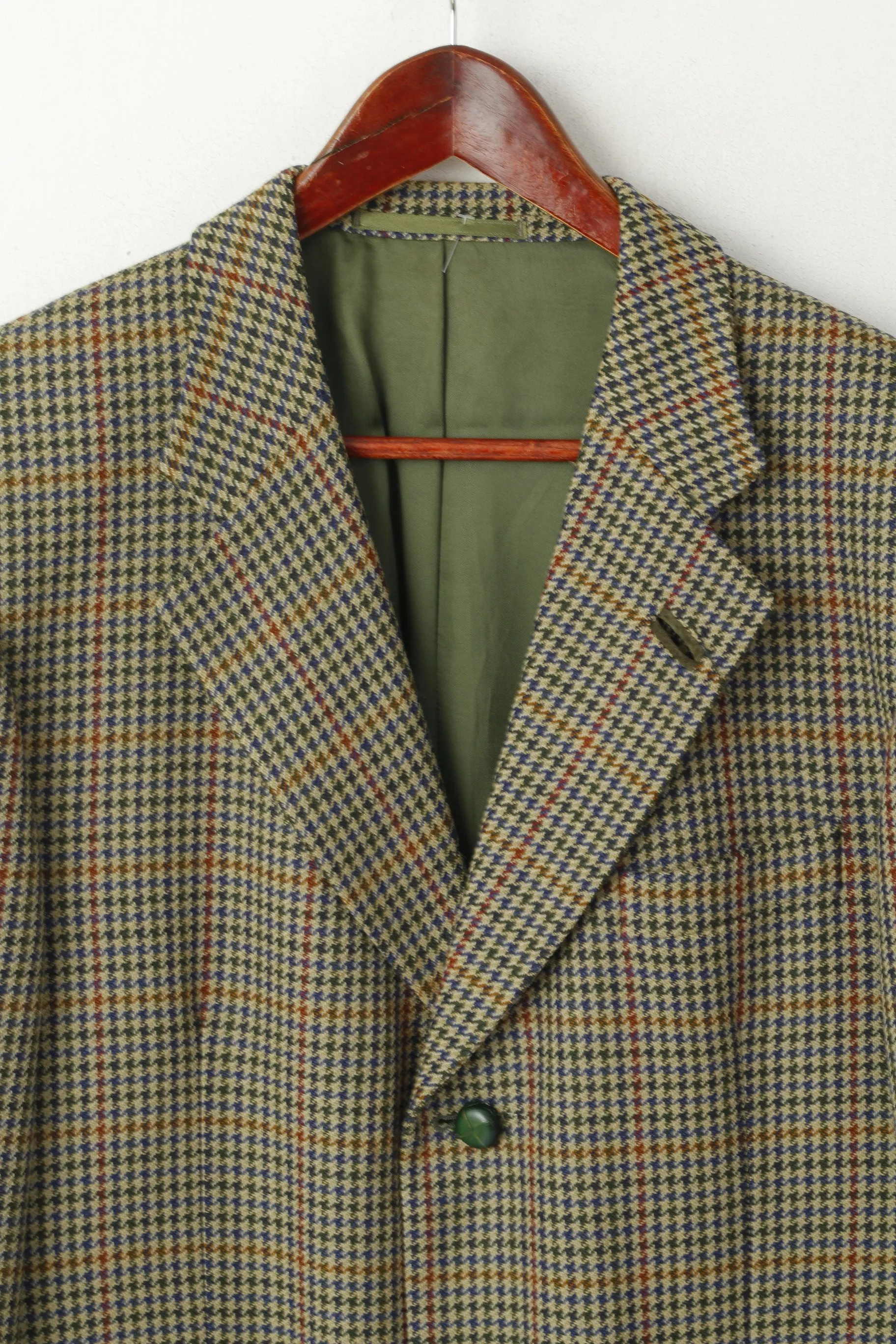 Brian Tucker Men 44 Blazer Green Vintage Wool Houndstooth Patches Single Breasted Jacket