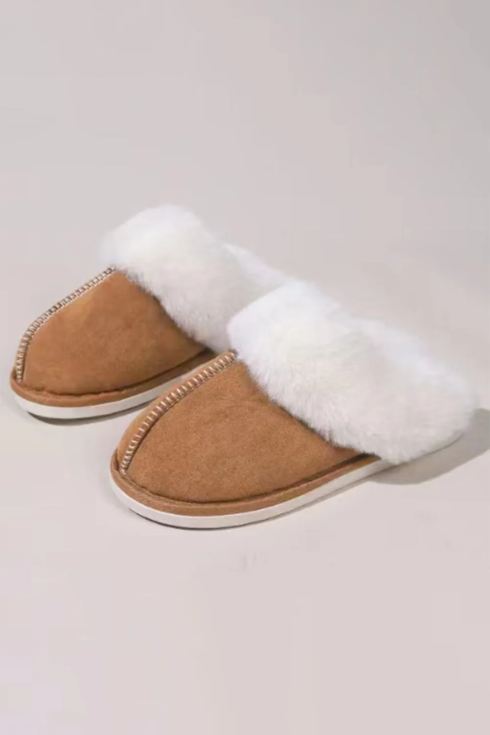 Camel Suede Plush Thick Sole Slippers