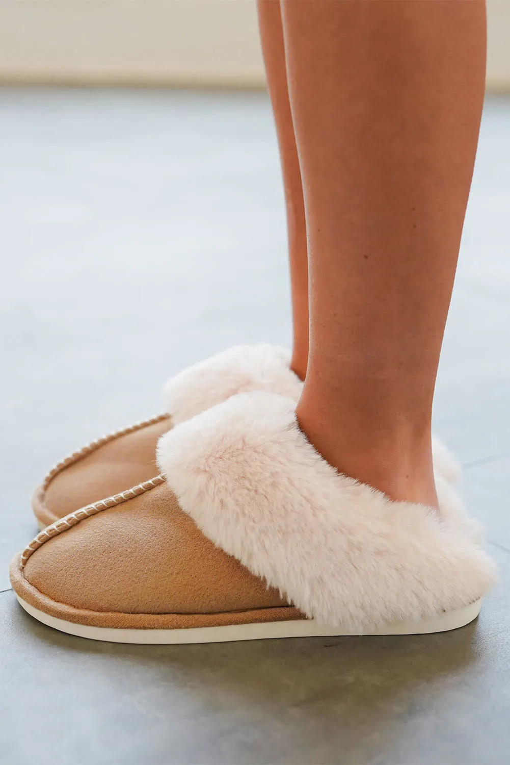 Camel Suede Plush Thick Sole Slippers