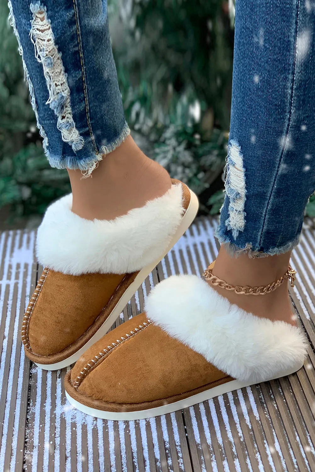 Camel Suede Plush Thick Sole Slippers