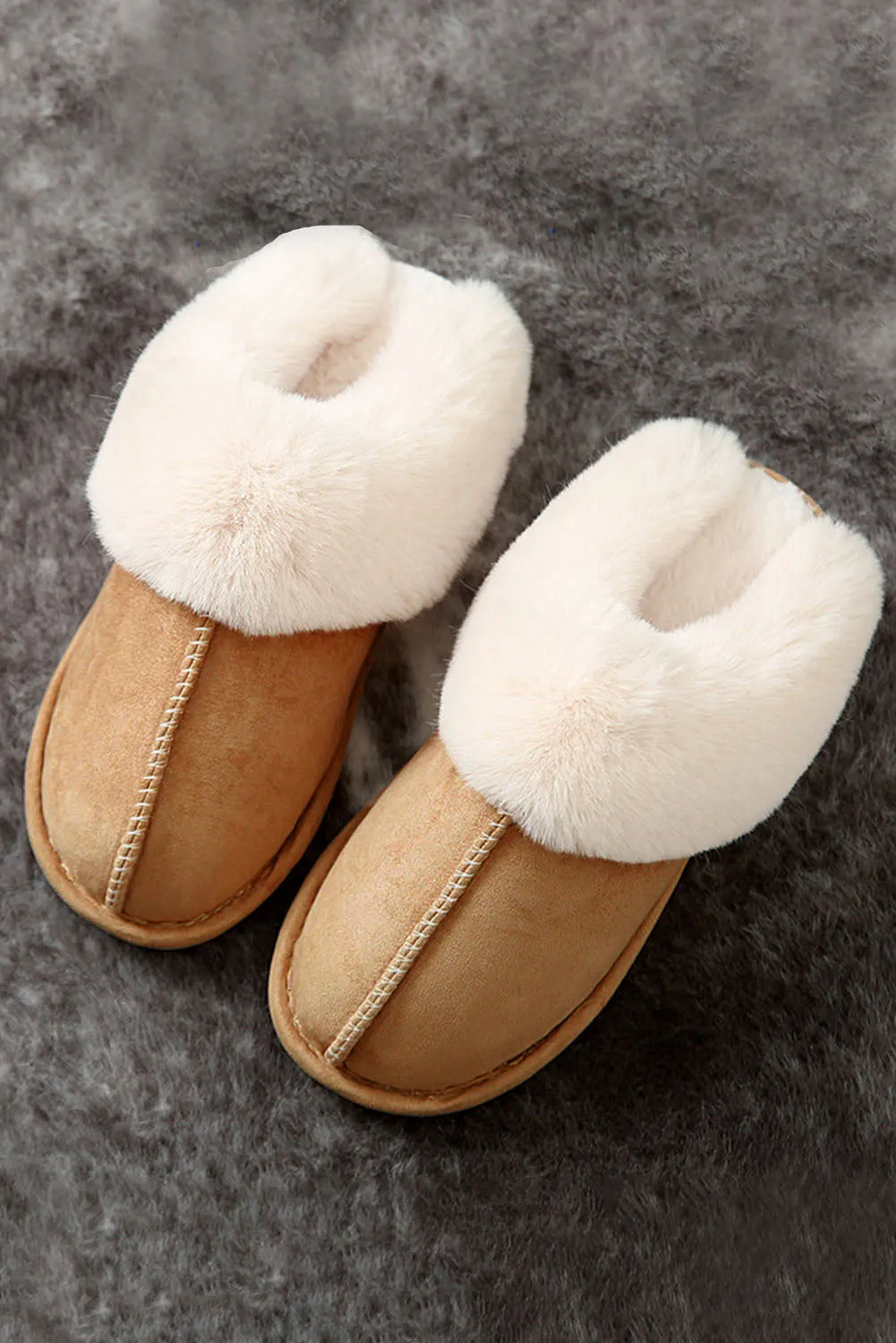 Camel Suede Plush Thick Sole Slippers