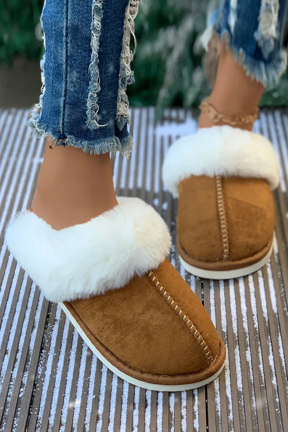 Camel Suede Plush Thick Sole Slippers