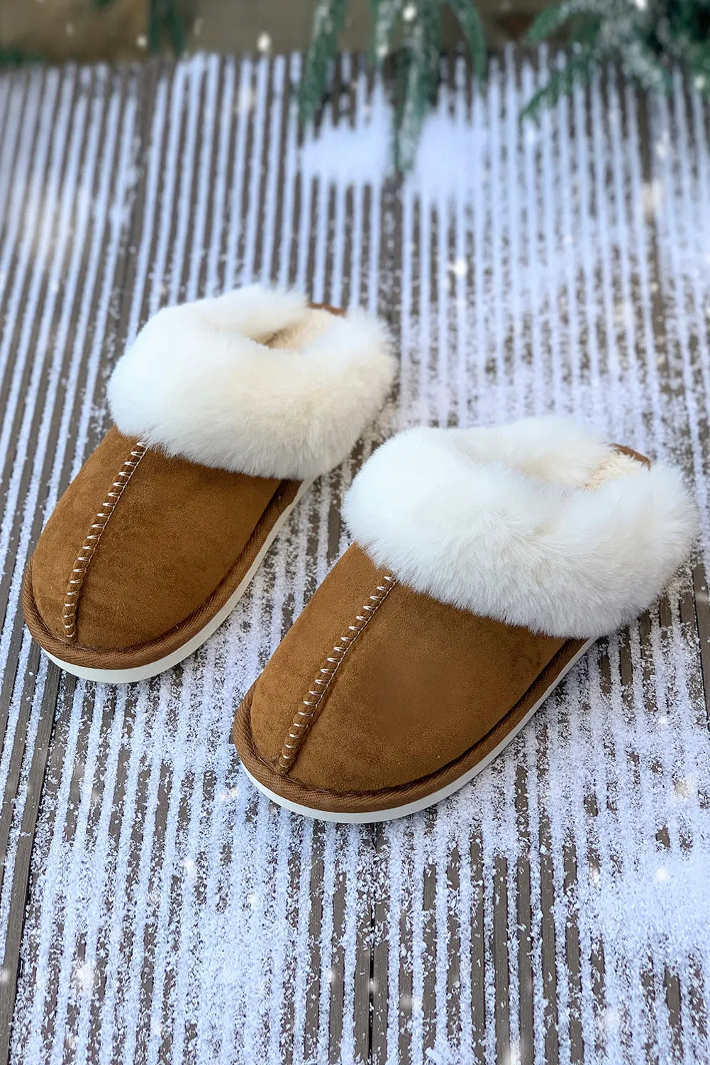 Camel Suede Plush Thick Sole Slippers