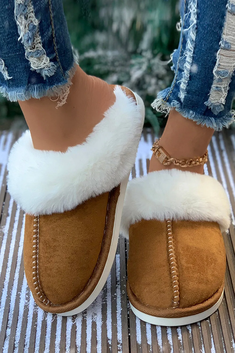 Camel Suede Plush Thick Sole Slippers