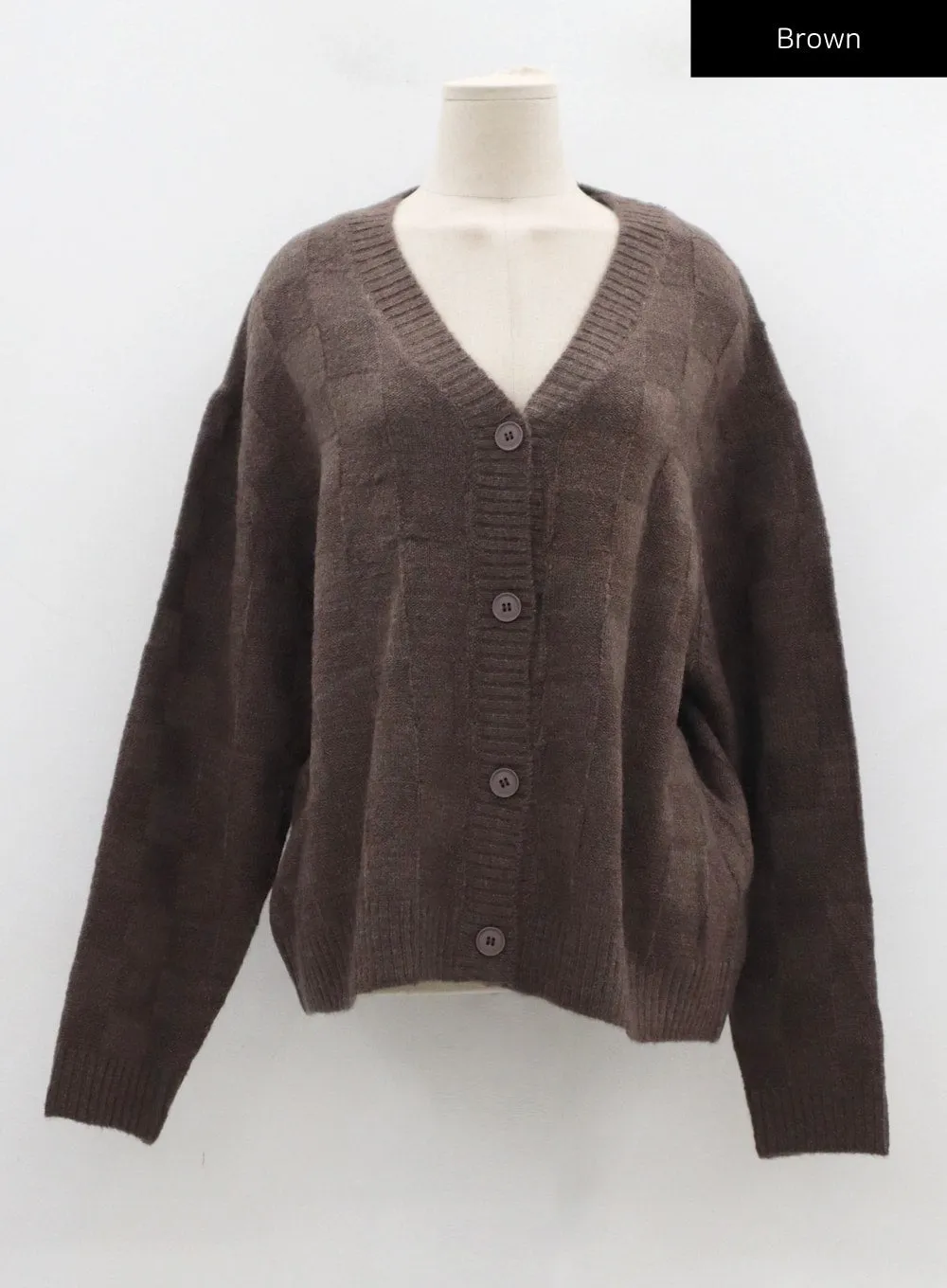 Check Pattern V-Neck Knit Cardigan CD09