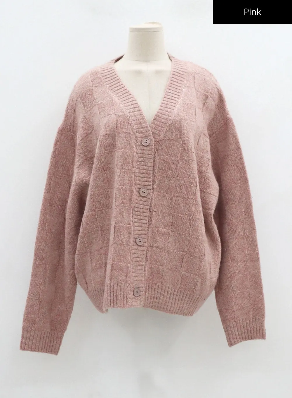 Check Pattern V-Neck Knit Cardigan CD09