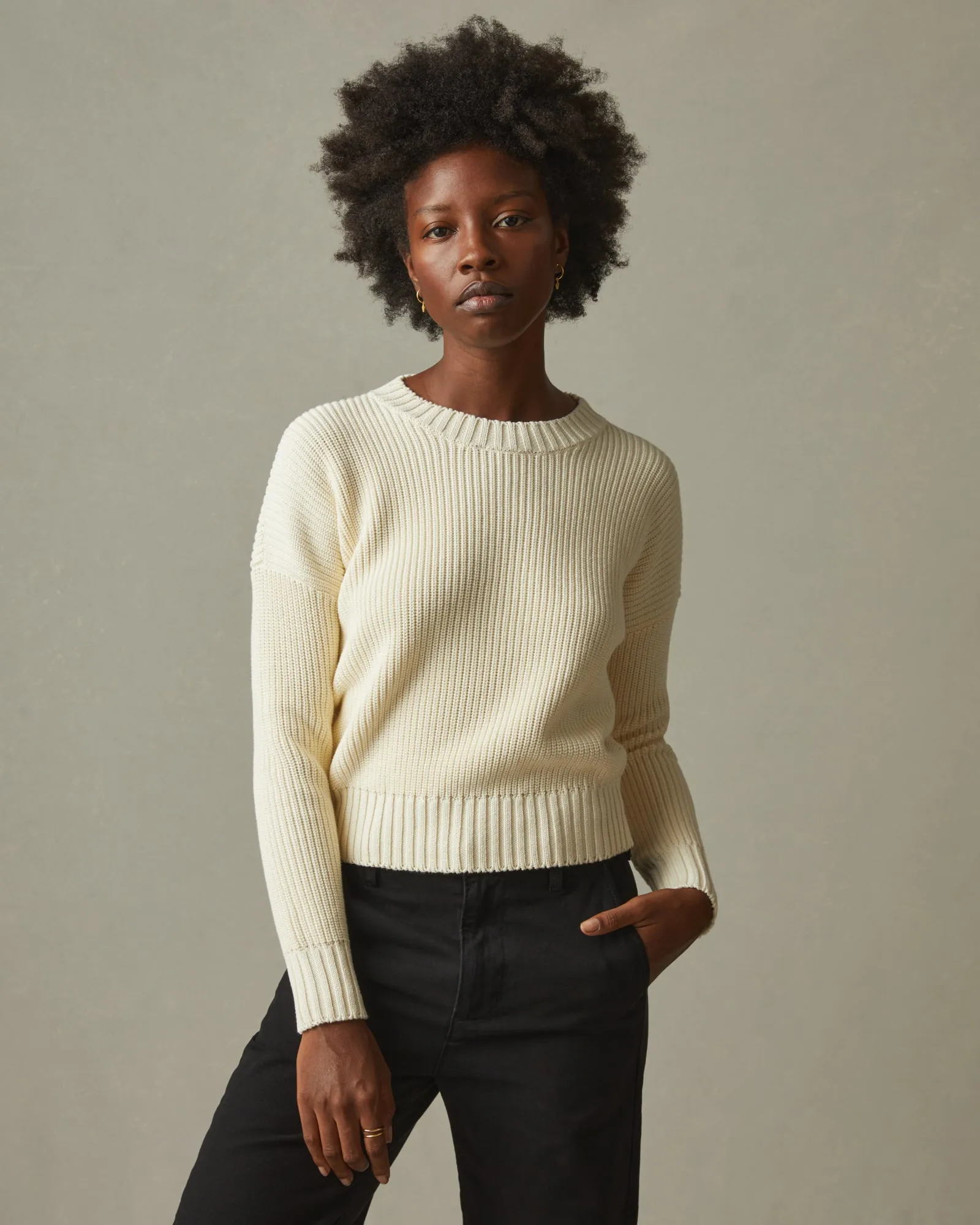 Chunky Cotton Crew Sweater - Creme